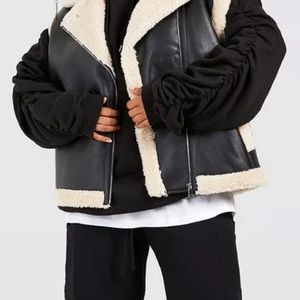 Faux leather sleeveless vest fleece lining